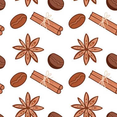 Fasulyeli ve baharatlı kahve kalıpları. Tekstil ve ambalaj tasarımı için Aromatik kafe arkaplanı.