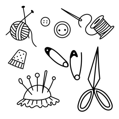 İğne ve makasla karalama çizimi seti. Hobi ve tekstil tasarımı için el yapımı el işi koleksiyonu.