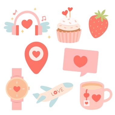 Tatlı ve seyahat sembolleri içeren sevimli bir aşk temalı ikon koleksiyonu. Bu romantik set çıkartmalar, planlamacılar ve tebrik kartları için idealdir..