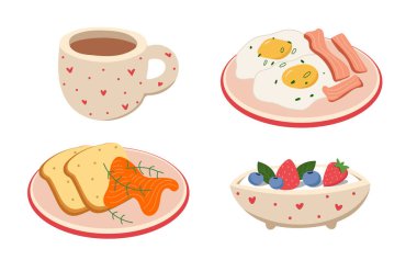 Kahvaltı öğünlerinden oluşan el yapımı bir koleksiyon. Bu yiyecek seti taze yumurta, kahve ve sağlıklı sabah malzemeleri içerir..