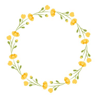 El yapımı sarı çiçekler ve narin yeşil yapraklardan oluşan parlak dairesel bir çerçeve. Bu çiçek çelenginde taze çiçek açan düğünçiçekleri ve botanik dalları var..