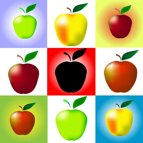 Serie zet van kleurrijke appels op een gekleurde achtergrond — Stockvector