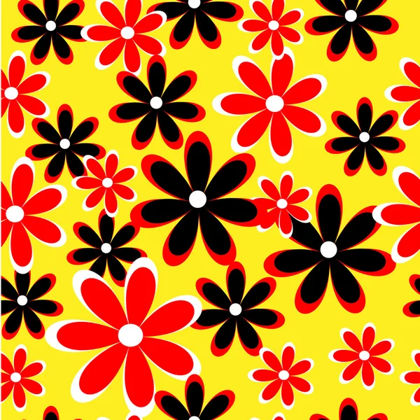Patrón sin costuras de flores rojas y negras sobre fondo amarillo — Vector de stock