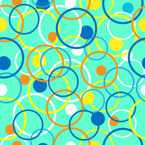 明るい色のついた丸や青緑色の背景にリングのシームレス パターン — ストックベクタ