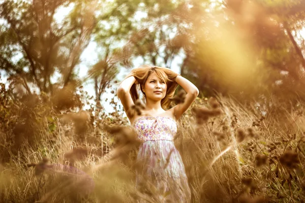 Asiática chica en vestido en campo —  Fotos de Stock