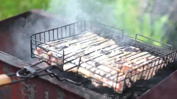 Shish kebab är beredd på grillen i rök — Stockvideo