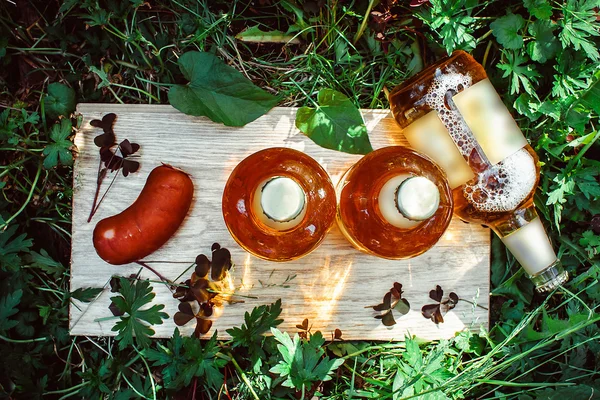 Garrafas com cerveja dourada na grama a bordo de salsicha . — Fotografia de Stock