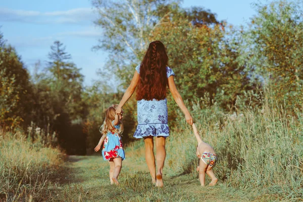 Moeder Wandelt Met Kinderen Een Bospad Een Zomerdag — Stockfoto