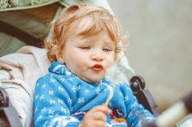 Mavi bluzlu bebek arabasında oturan küçük mutlu çocuk.