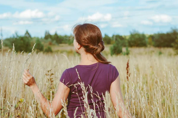 Flicka Aftonklänning Lupinfältet Flicka Vacker Klänning Ett Fält Bland Lila — Stockfoto