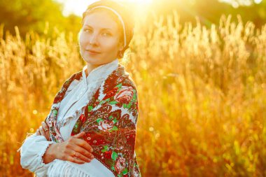 Yaz mevsiminde geleneksel kostümlü genç, güzel, Slovak kadın. Güneşli bir günde papatya çayırında.