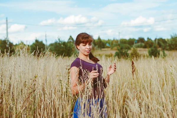 Dívka Večerních Šatech Lupinech Dívka Krásných Šatech Poli Mezi Fialovými — Stock fotografie