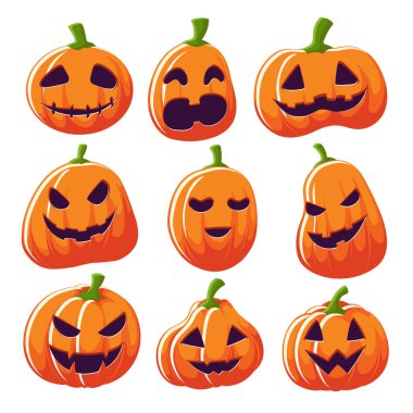 Dokuz komik ve korkutucu Jack O 'Lantern yüzü parlak, düz bir vektör seti içinde, Cadılar Bayramı posterleri, afişler, çıkartmalar, davetiyeler ve dekorasyonlar için mükemmel..