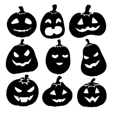 Dokuz komik ve korkutucu Jack O 'Lantern yüzü parlak, düz bir vektör seti içinde, Cadılar Bayramı posterleri, afişler, çıkartmalar, davetiyeler ve dekorasyonlar için mükemmel..