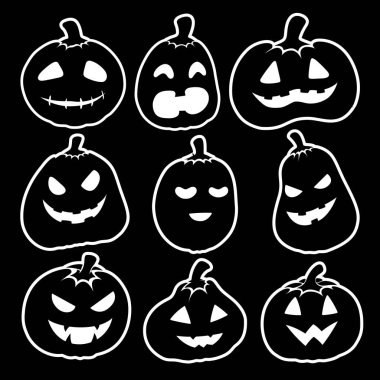 Dokuz komik ve korkutucu Jack O 'Lantern yüzü parlak, düz bir vektör seti içinde, Cadılar Bayramı posterleri, afişler, çıkartmalar, davetiyeler ve dekorasyonlar için mükemmel..