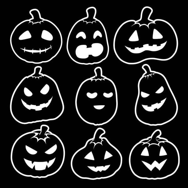 Dokuz komik ve korkutucu Jack O 'Lantern yüzü parlak, düz bir vektör seti içinde, Cadılar Bayramı posterleri, afişler, çıkartmalar, davetiyeler ve dekorasyonlar için mükemmel..