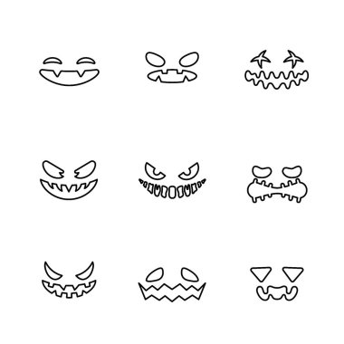 Dokuz Cadılar Bayramı balkabağı göz tasarımından oluşan bir kolleksiyon. Ekspres şekiller, balkabağı çizimleri ve ürkütücü mevsimsel çizimler için mükemmel.