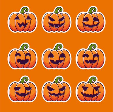 Kabak ikonlarından oluşan neşeli bir koleksiyon. Kabak ikonlarının içinde cesur beyaz çizgileri olan dışavurumcu balkabağı yüzleri var. Her bir çizim parlak turuncu tonlarla neşeli bir Cadılar Bayramı havası yakalar ve bu seti mevsimlik tasarımlar, çıkartmalar, dijital de