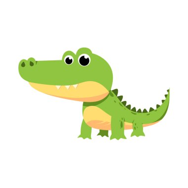 Playful green alligator cartoon illustration with big eyes and simple flat style.