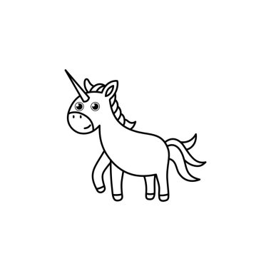 Beyaz arka planda izole edilmiş basit tek boynuzlu at tasviri. Boyama sayfaları, eğitim materyalleri ve çocuk aktiviteleri için ideal