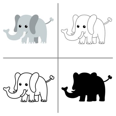 Çocuklar için şirin bir fil klipsi seti. Renk, taslak, noktalı iz sürme ve siluet stilleri de dahil. Hayvanat bahçesi temaları, anaokulu eğitimi, çalışma programları ve boyama faaliyetleri için ideal