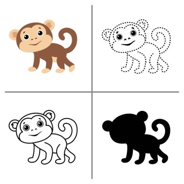 Renk, taslak, noktalı iz sürme ve siluet tarzları da dahil olmak üzere çocuklar için şirin maymun klipleri seti. Orman temaları, öğrenim programları ve eğlenceli eğitim tasarımları için harika.