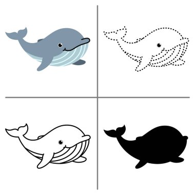 Renkli, ana hatlı, noktalı iz süren ve siluet tarzı olan çocuklar için şirin balina klipleri seti. Okyanus eğitimi, çalışma kağıtları ve çocuk eğitimi tasarımları için ideal.