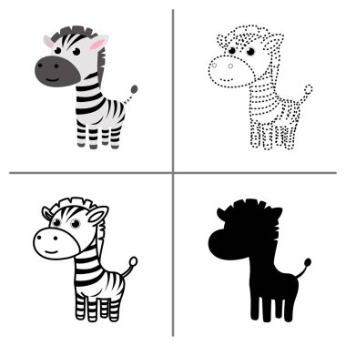 Renkli, ana hatlı, noktalı iz sürme ve siluet şekilli şirin zebra klipleri. Çocukların öğrenmesi, hayvan eğitimi ve oyuncu çocuk tasarımları için mükemmel..