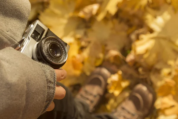 女性持有复古相机和站在黄色的树叶覆盖地面 — 图库照片