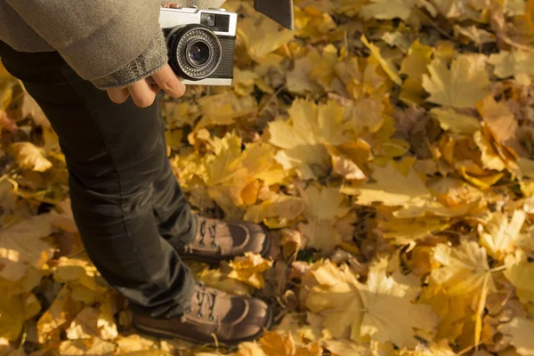 Női gazdaság retro fényképezőgép, sárga levelek a földön, őszi szezon — Stock Fotó