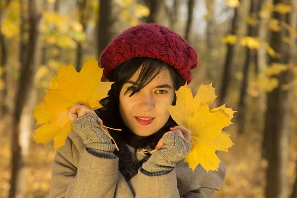 Menina bonita segurando folhas amarelas como símbolos do outono — Fotografia de Stock