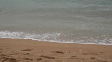 Yumuşak deniz dalgaları, yumuşak köpüklü ve sakin sahil suyuyla kumlu bir sahil şeridine yuvarlanıyor.
