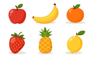 Elmalı, muzlu, portakallı, çilekli, ananaslı ve limonlu meyve seti koleksiyonu