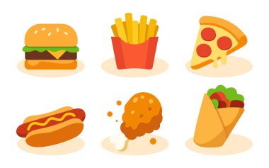 Fast Food Flat Simgesi Burger, Fries, Pizza, Hot Dog, Fried Chicken, Shawarma Modern Renkli Vector Food Collection