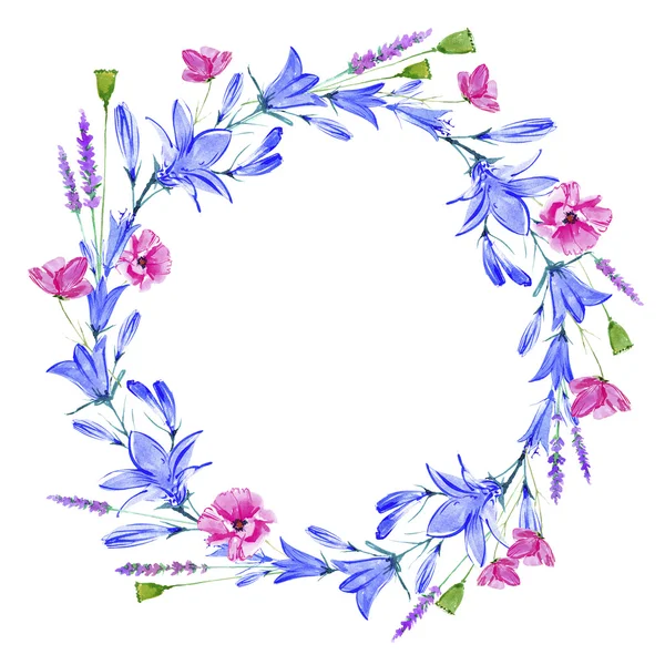 Grinalda com bluebell, ervas, lavanda, papoila floral . — Fotografia de Stock