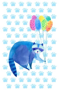 Rakun ve balonlar tebrik kartı.