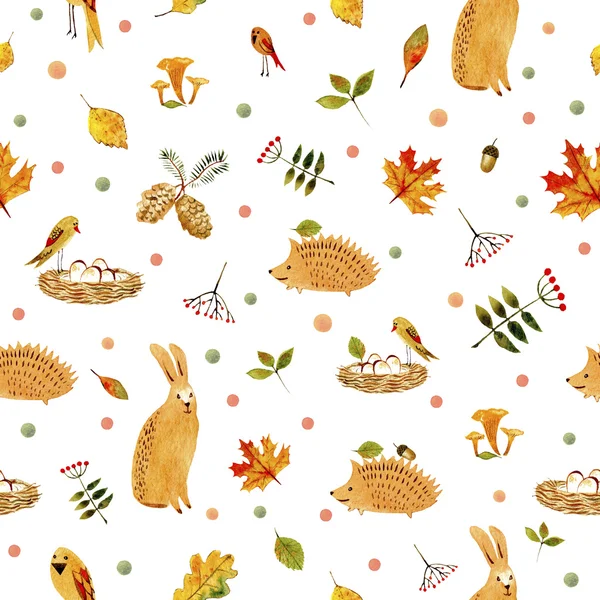 Tavşan, kirpi, kuş ve çiçek seamless modeli.