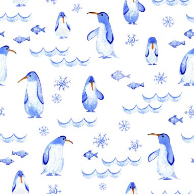 Penguenler seamless modeli ile dalga, balık, kar tanesi.