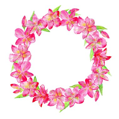 Garland ile lily çiçekler ve yapraklar.