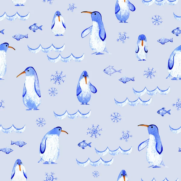 Pinguïns, Golf, vissen en sneeuwvlokken naadloze patroon. — Stockfoto