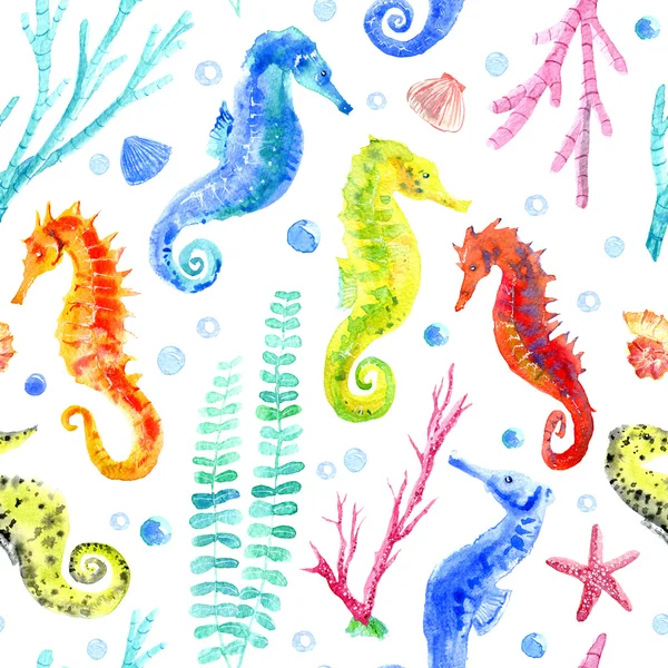 Seahorse, shell, starfish, seaweed, coral and bubbles seamless pattern. — Stock Photo, Image