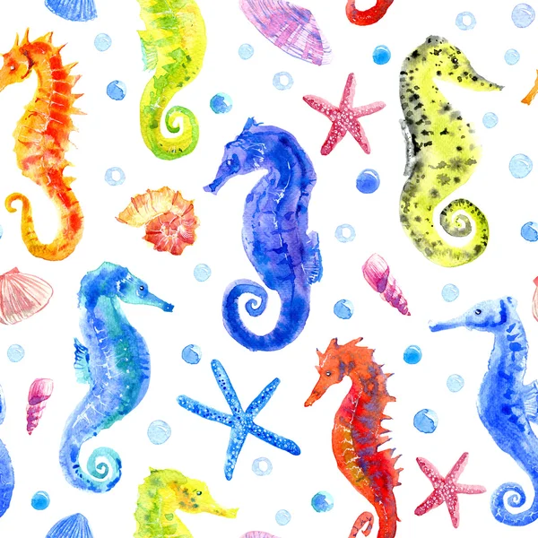 Seahorse, shell, starfish, and bubbles seamless pattern. — Stock Photo, Image