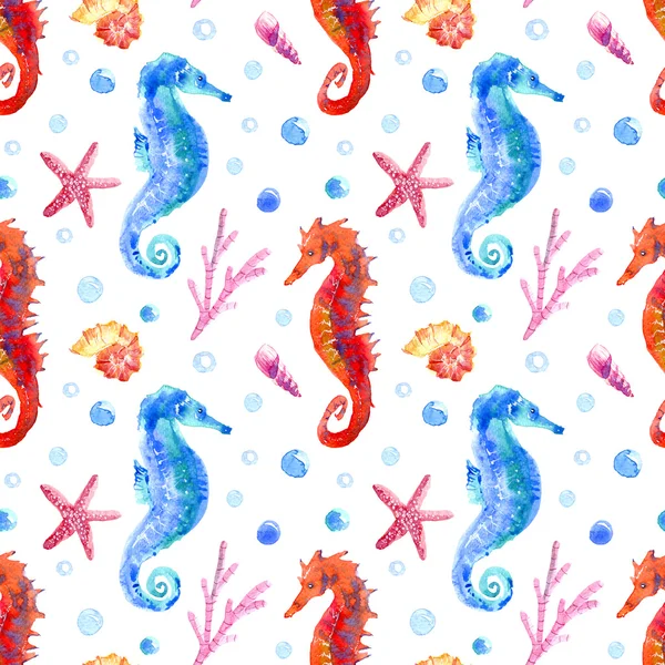 Denizatı, kabuk, deniz yıldızı, mercan ve kabarcıklar seamless modeli.