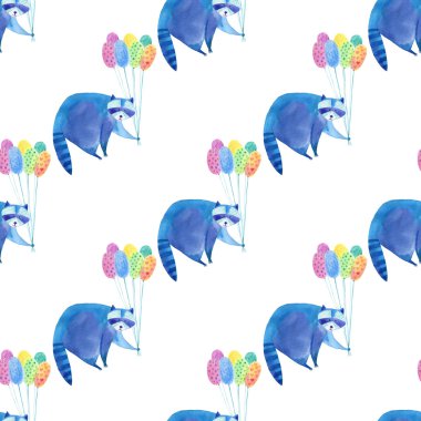 Mavi rakun ve renkli balon ile dikişsiz desen.