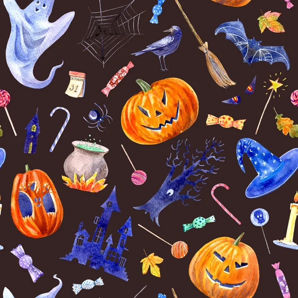 kabak jack-o'-fener, lolipop, kale, yarasa, örümcek, süpürge, mum, ağaç, karga, sonbahar yaprakları ve şeker ile sorunsuz desen.