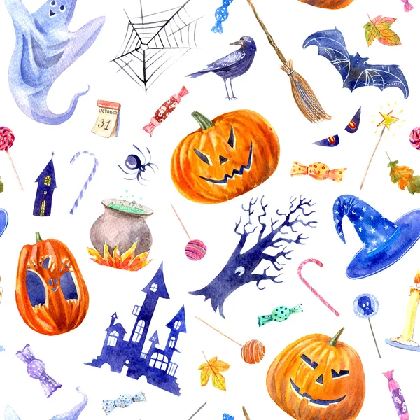 kabak jack-o'-fener, lolipop, kale, yarasa, örümcek, süpürge, mum, ağaç, karga, sonbahar yaprakları ve candy.h ile sorunsuz desen