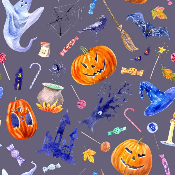 kabak jack-o'-fener, lolipop, kale, yarasa, örümcek, süpürge, mum, ağaç, karga, sonbahar yaprakları ve şeker.halloween ile sorunsuz desen.