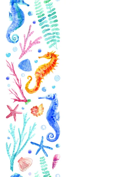 Seahorse, shell, starfish, coral and bubbles seamless border. — Stock Photo, Image