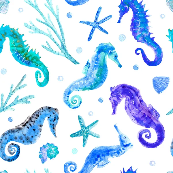 Blue Seahorse, Shell, sjöstjärna, korall och bubblor sömlösa mönster. — Stockfoto