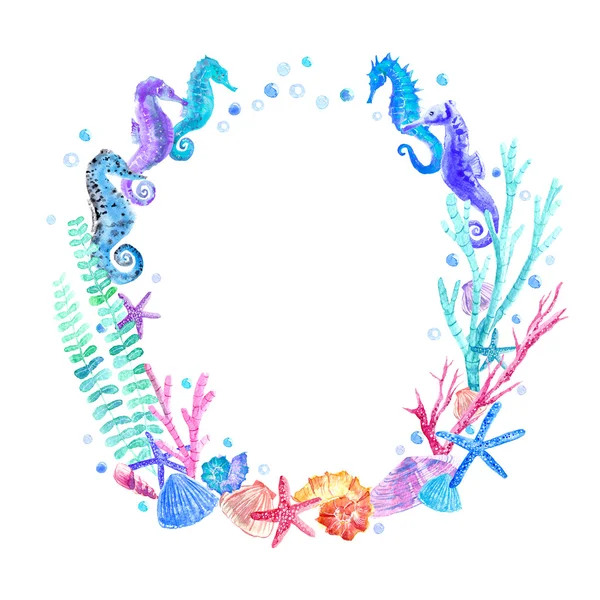 Seahorse, shell, starfish, seaweed, coral and bubbles wreath. — Stock Photo, Image